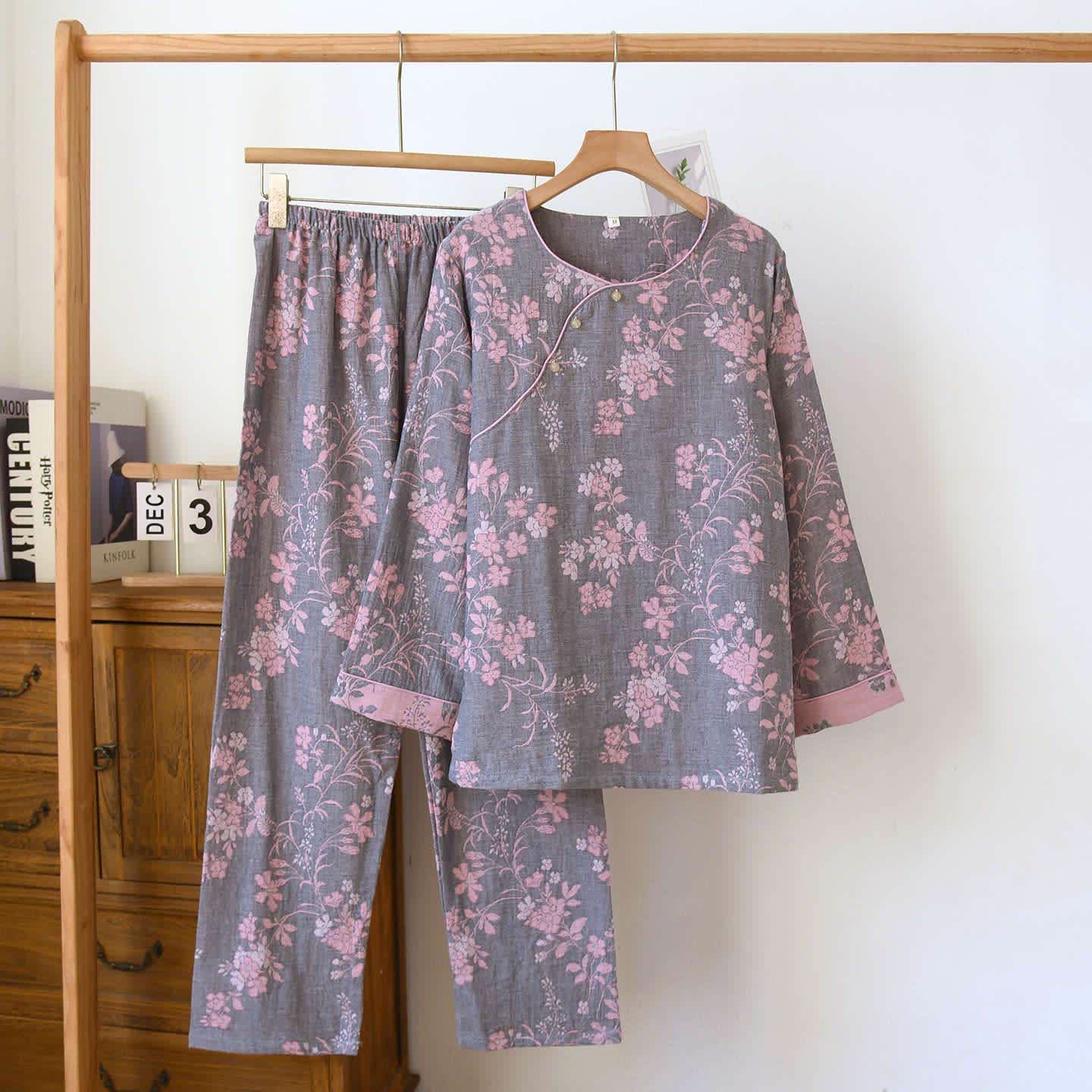 Pyjama aus Baumwollgaze mit Pflaumenblüten-Jacquardmuster - Grau - XL - image 15