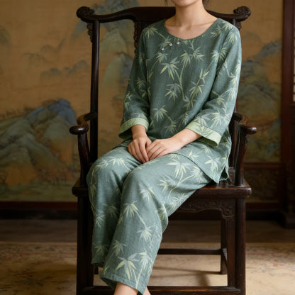 Pyjama aus grünem Bambus-Jacquard-Baumwollgaze - image 1