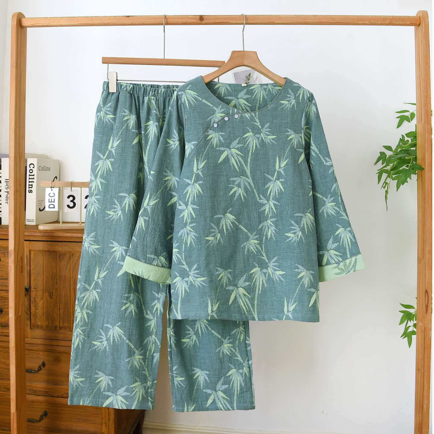 Pyjama aus grünem Bambus-Jacquard-Baumwollgaze - Grün - XL - image 0