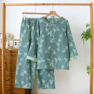 Pyjama aus grünem Bambus-Jacquard-Baumwollgaze - Grün - XL - image 0