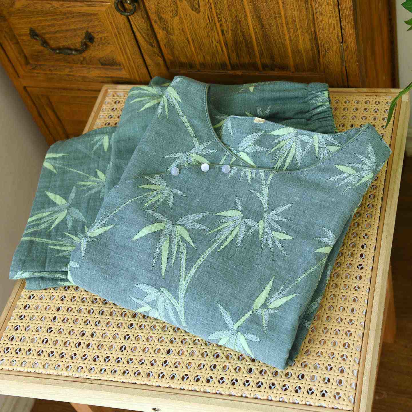 Pyjama aus grünem Bambus-Jacquard-Baumwollgaze - image 5