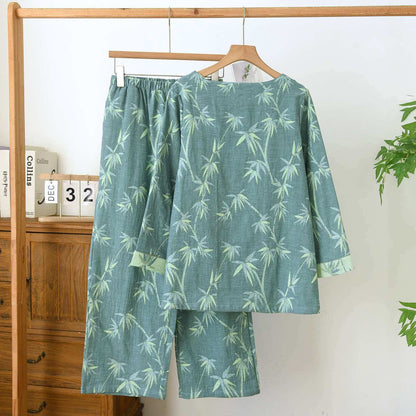 Pyjama aus grünem Bambus-Jacquard-Baumwollgaze - image 3