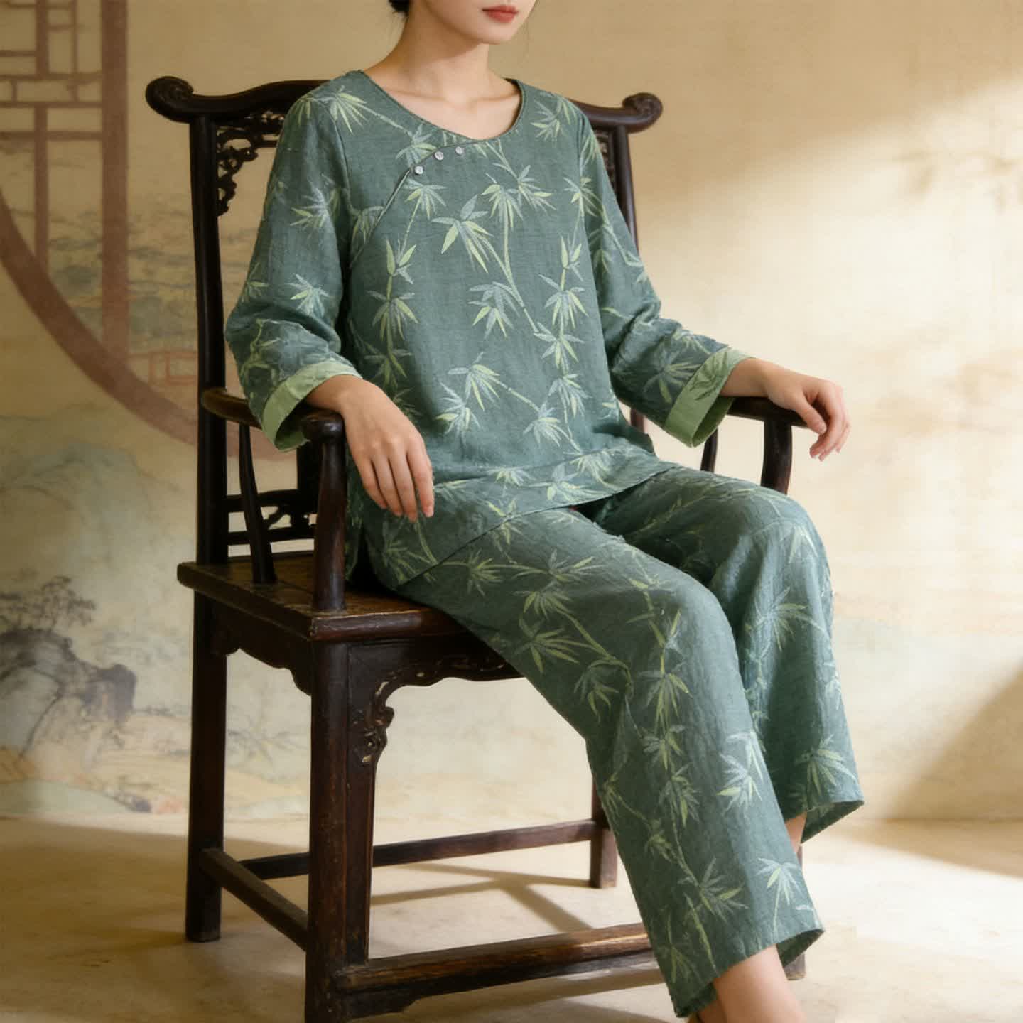 Pyjama aus grünem Bambus-Jacquard-Baumwollgaze - image 2