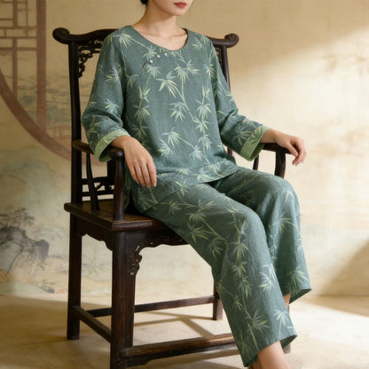 Pyjama aus grünem Bambus-Jacquard-Baumwollgaze - image 2