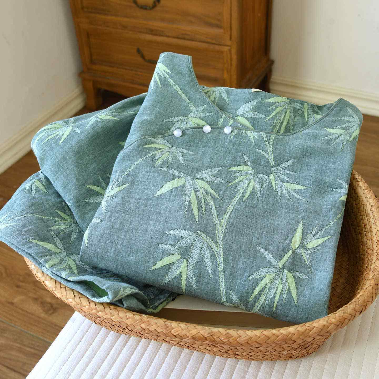 Pyjama aus grünem Bambus-Jacquard-Baumwollgaze - image 4