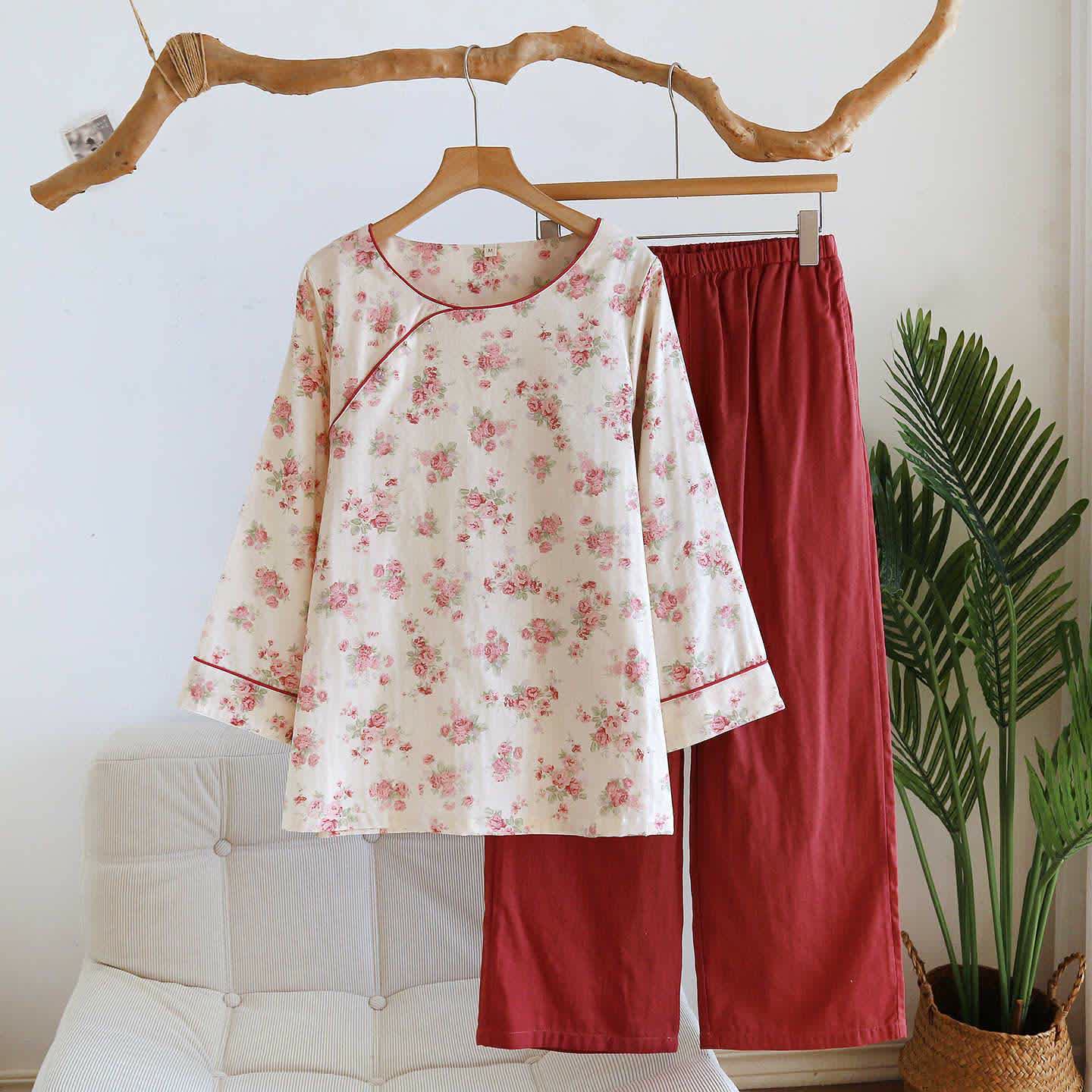 Romantischer Rosen-Pyjama aus Baumwollgaze - Rot - XL - image 0