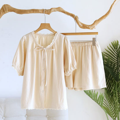 Kurzes Pyjama-Set in Unifarbe mit Spitzenbesatz - Beige - XL - image 3