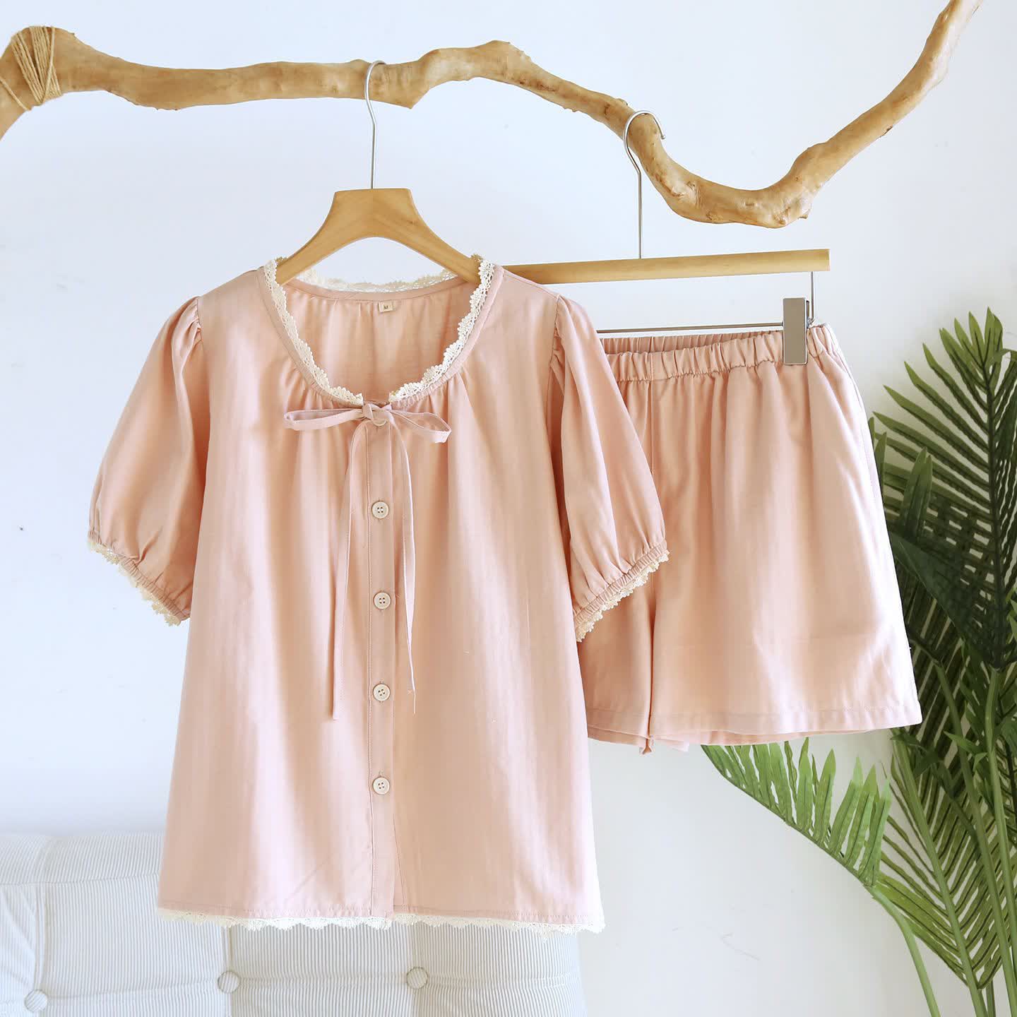 Kurzes Pyjama-Set in Unifarbe mit Spitzenbesatz - Rosa - XL - image 4