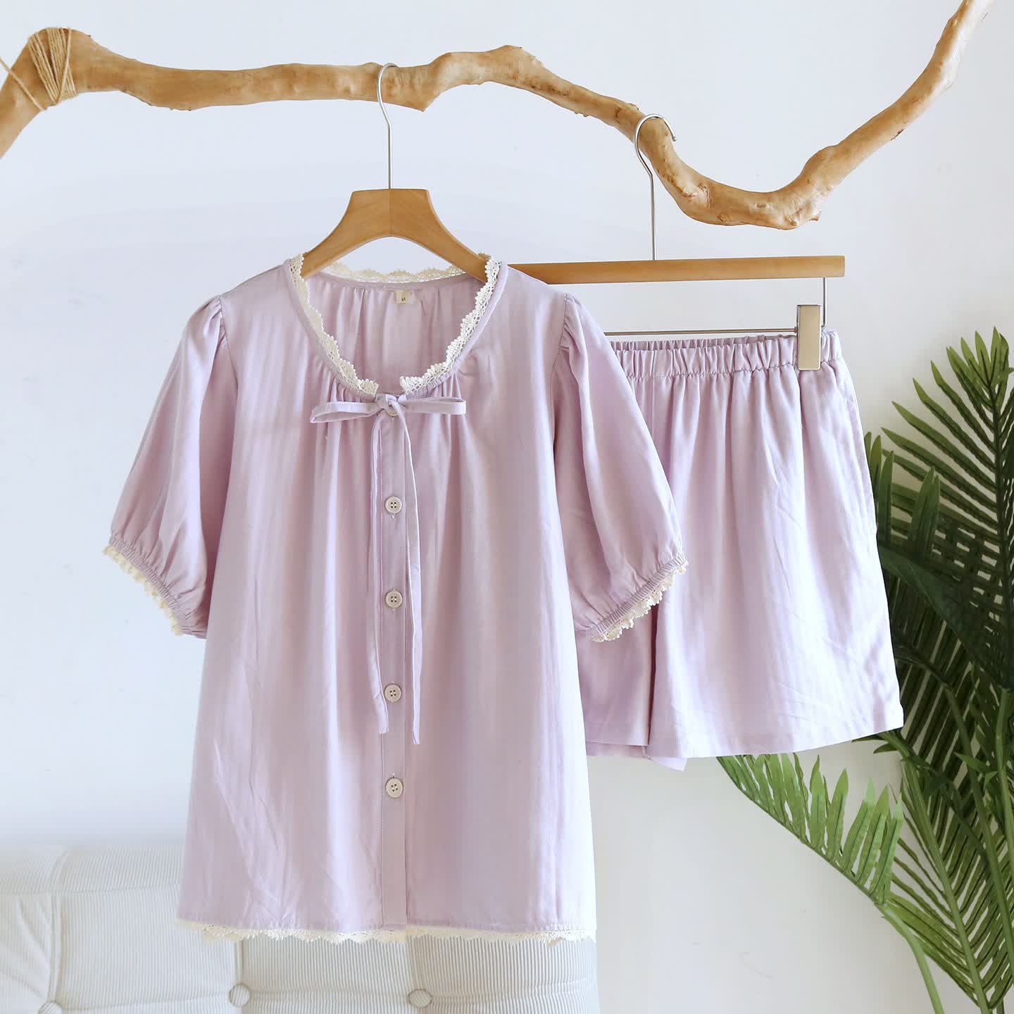 Kurzes Pyjama-Set in Unifarbe mit Spitzenbesatz - Lila - XL - image 5