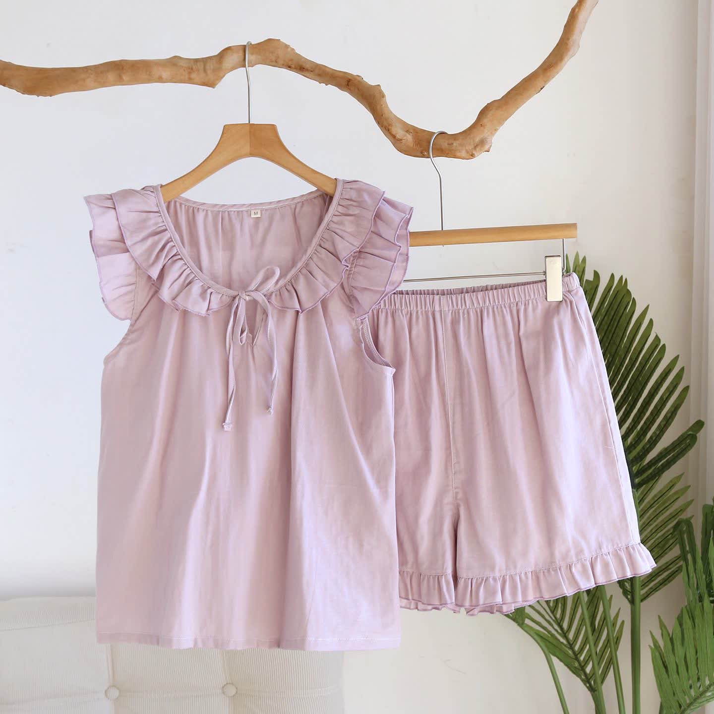 Einfarbiger Rüschen-Tanktop-Pyjama-Set - Lila - XL - image 5