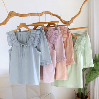 Einfarbiger Rüschen-Tanktop-Pyjama-Set - image 0