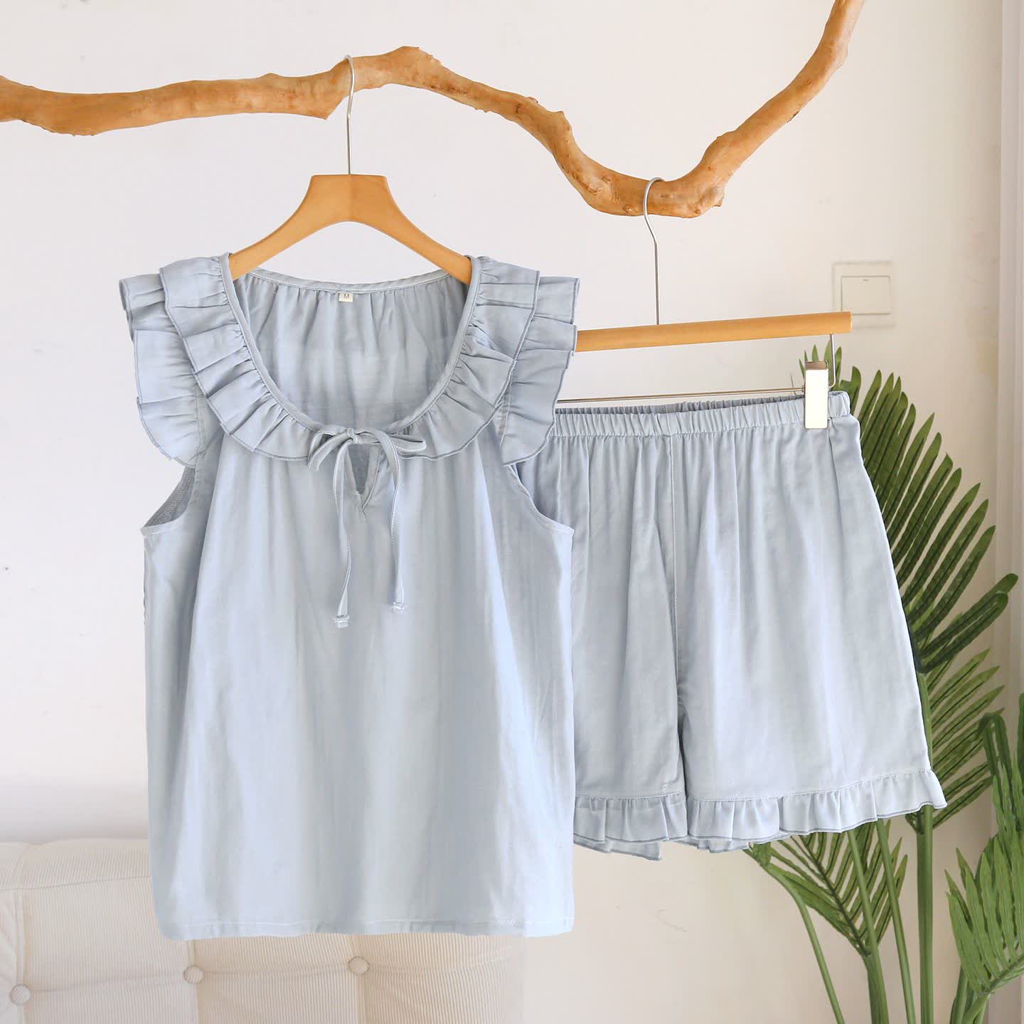 Einfarbiger Rüschen-Tanktop-Pyjama-Set - Blau - XL - image 3