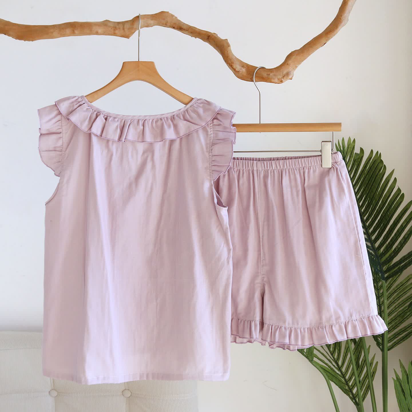 Einfarbiger Rüschen-Tanktop-Pyjama-Set - image 6