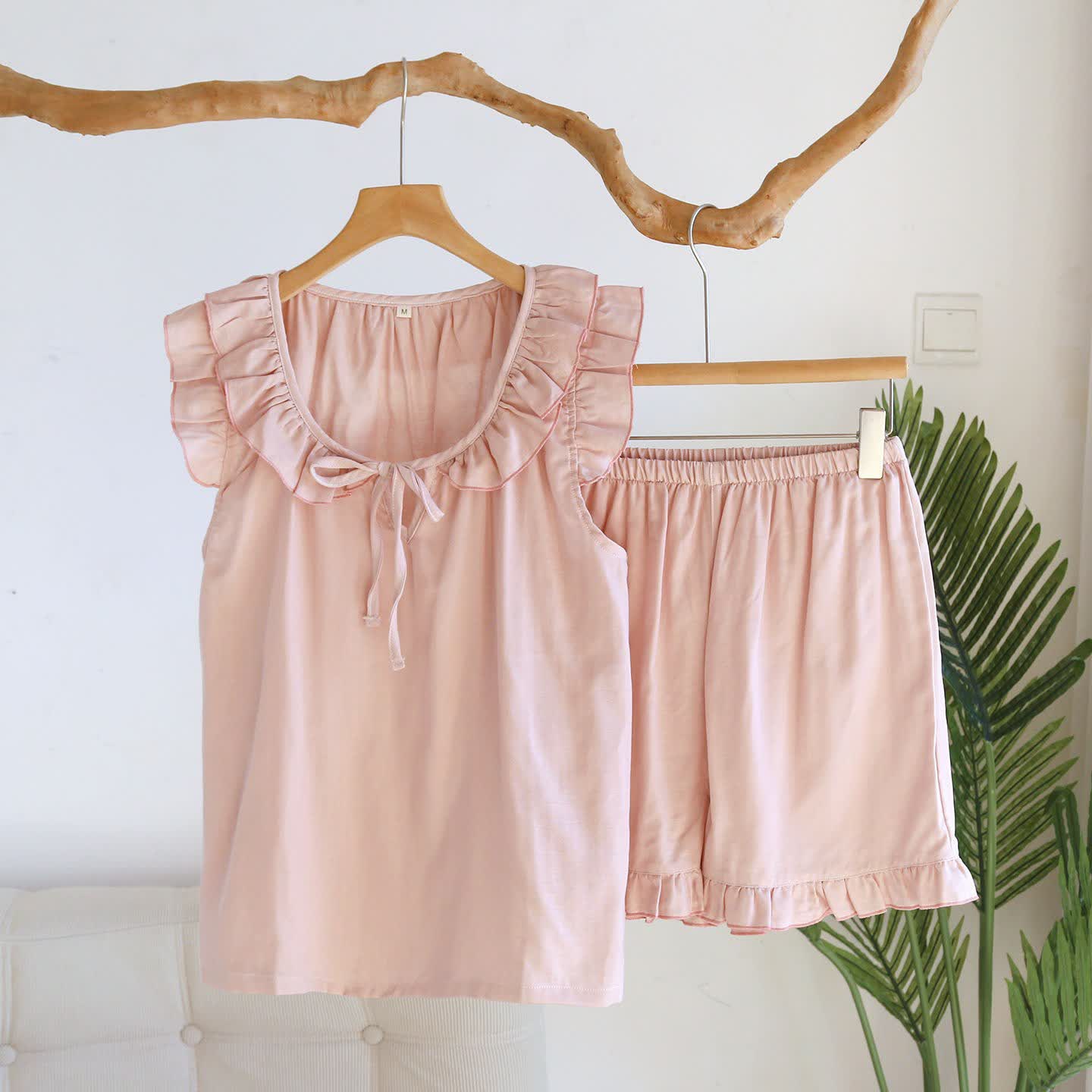 Einfarbiger Rüschen-Tanktop-Pyjama-Set - Rosa - XL - image 19