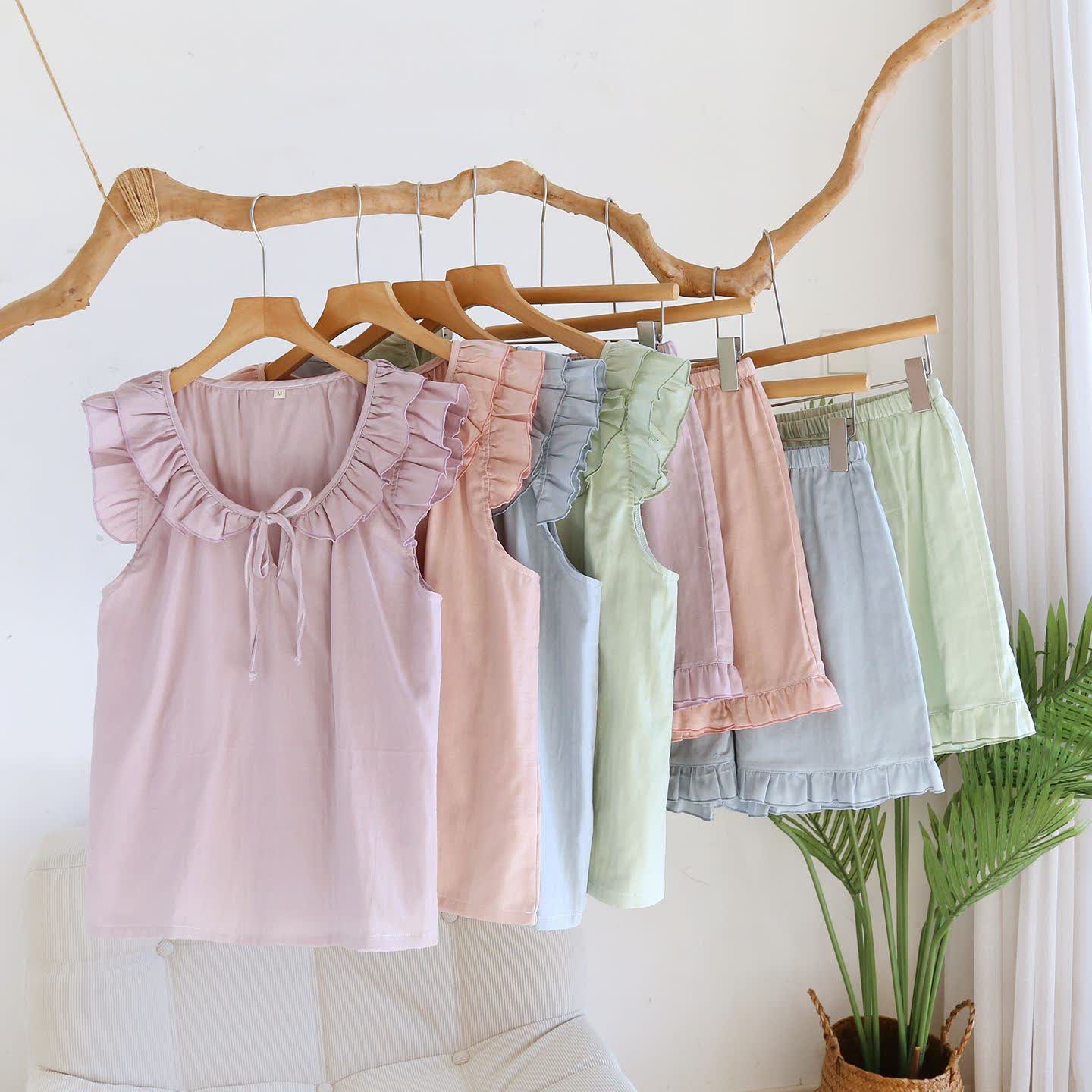 Einfarbiger Rüschen-Tanktop-Pyjama-Set - image 2