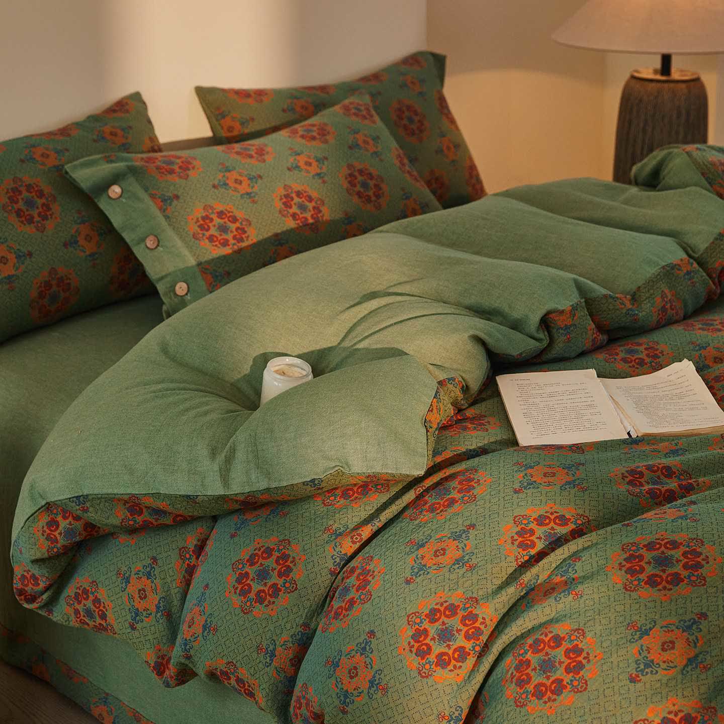 Vintage geometrisches Baumwoll-Doppelgaze-Bettwäscheset (4-teilig) - Grün - 220cm x 240cm - image 0