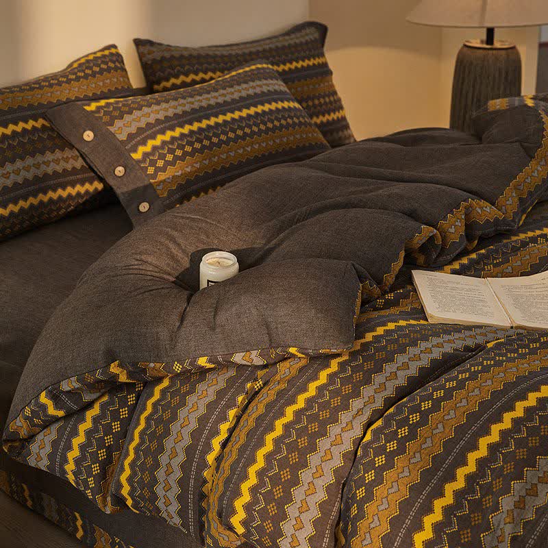 Bettwäsche-Set aus Baumwoll-Doppelgaze mit Wellenstreifen (4-teilig) - Gelb - 220cm x 240cm - image 0