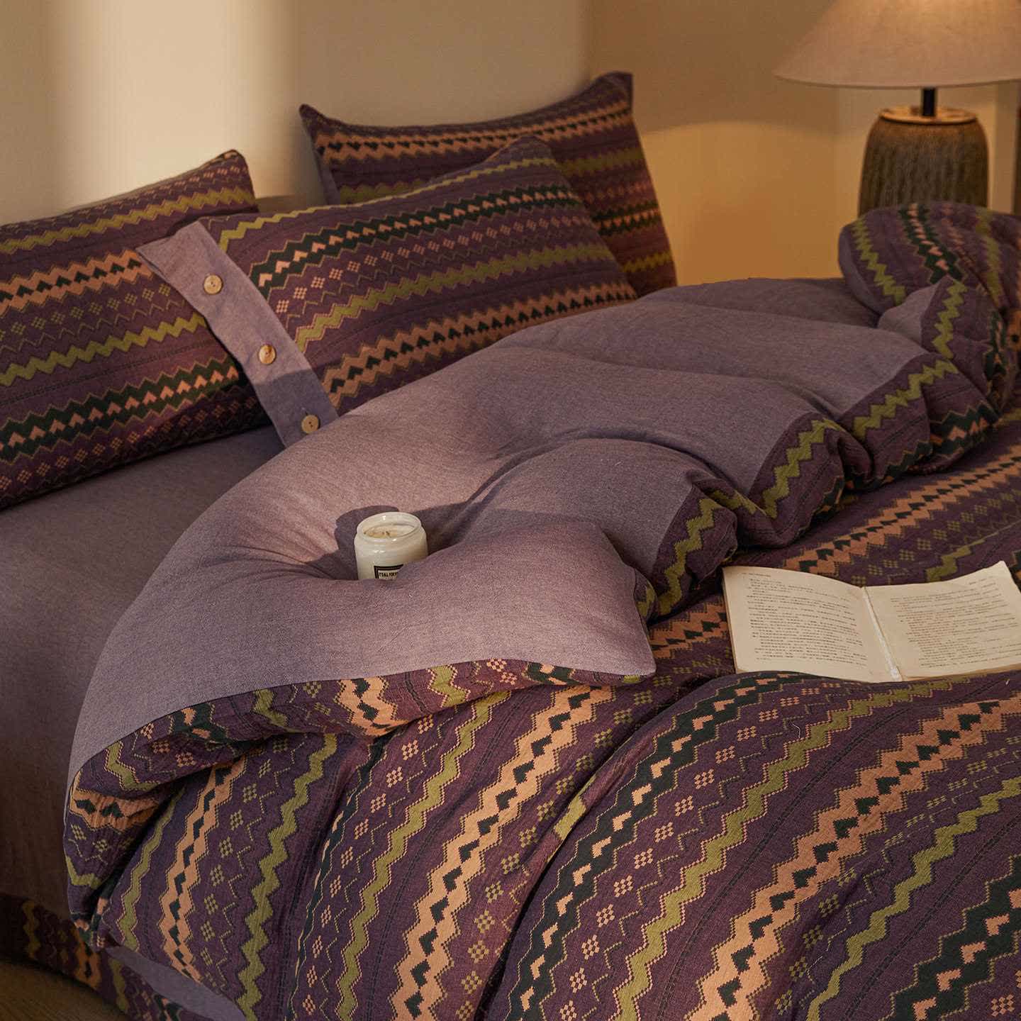 Bettwäsche-Set aus Baumwoll-Doppelgaze mit Wellenstreifen (4-teilig) - Lila - 220cm x 240cm - image 8