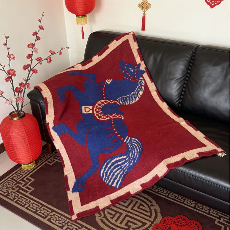 Ownkoti Strickdecke mit blauem Pferde-Totem - 51 Zoll breit x 67 Zoll L - image 0