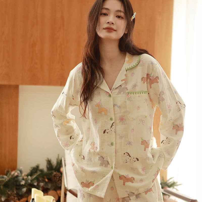 Pyjama aus gebürsteter Baumwolle mit Cartoon-Pony und Blumenmuster - Beige - XL - image 0