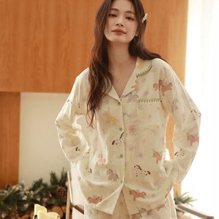 Pyjama aus gebürsteter Baumwolle mit Cartoon-Pony und Blumenmuster - Beige - XL - image 0