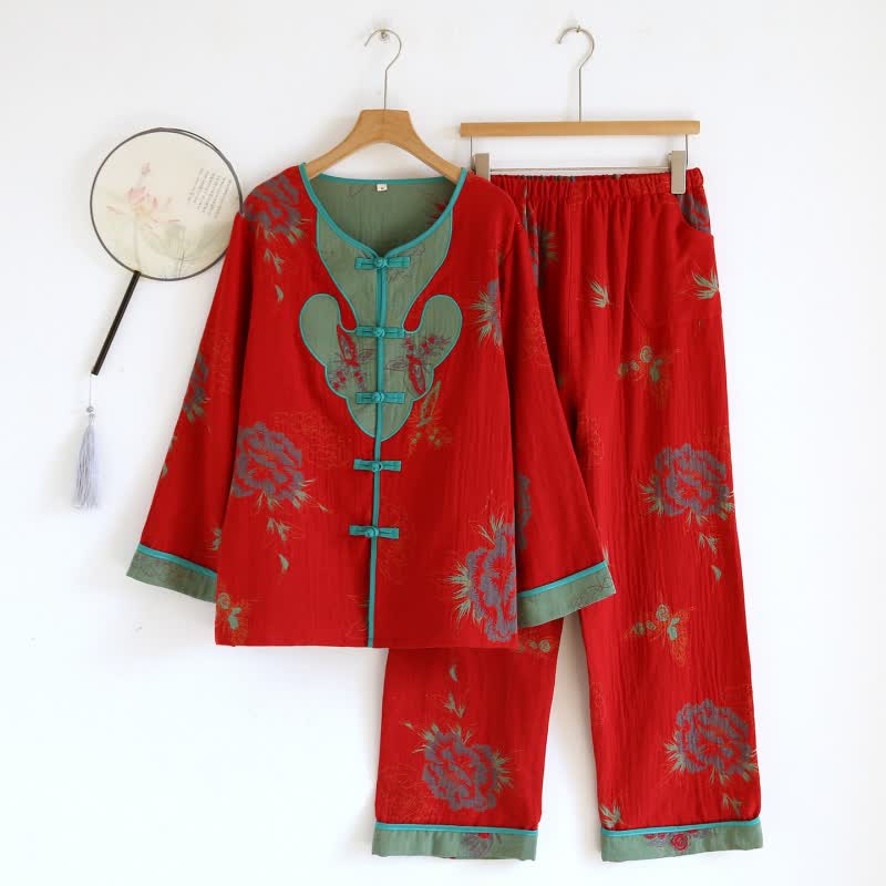 Pyjama-Set aus Baumwolle im orientalischen Pfingstrosen-Stil - Rot - XL - image 14