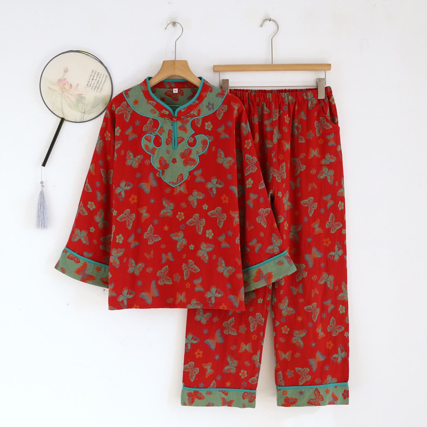 Pyjama-Set aus Baumwolle im orientalischen Schmetterlingsstil - Rot - XL - image 0
