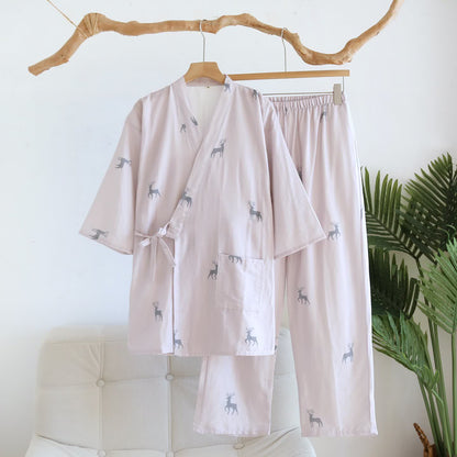 Kimono-Set aus Baumwollgaze mit Hirschmotiv - Frauen: Rosa - XL - image 1