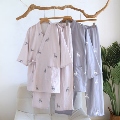 Kimono-Set aus Baumwollgaze mit Hirschmotiv - image 0