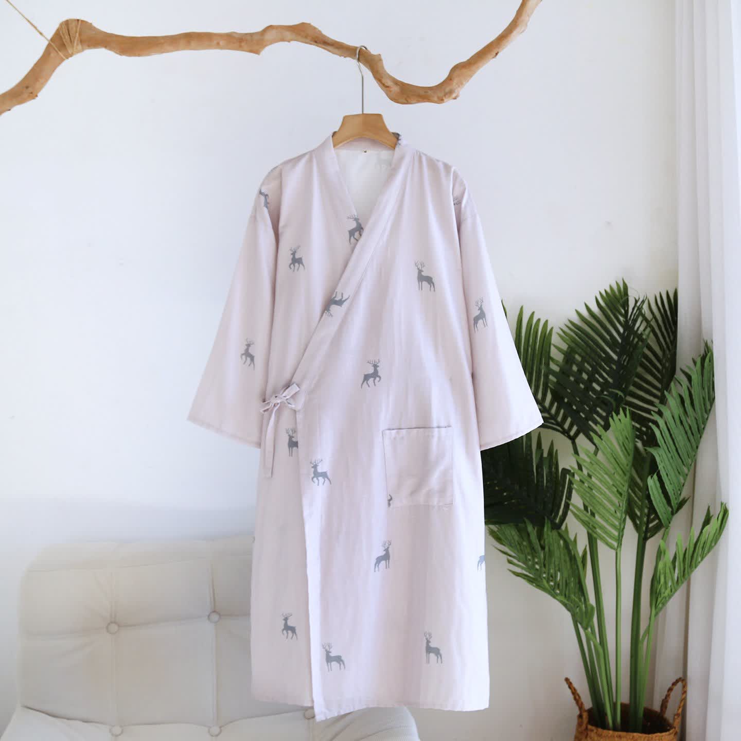 Kimono-Bademantel aus Baumwollgaze mit Hirschmotiv für Paare - Hellrosa - L - image 1