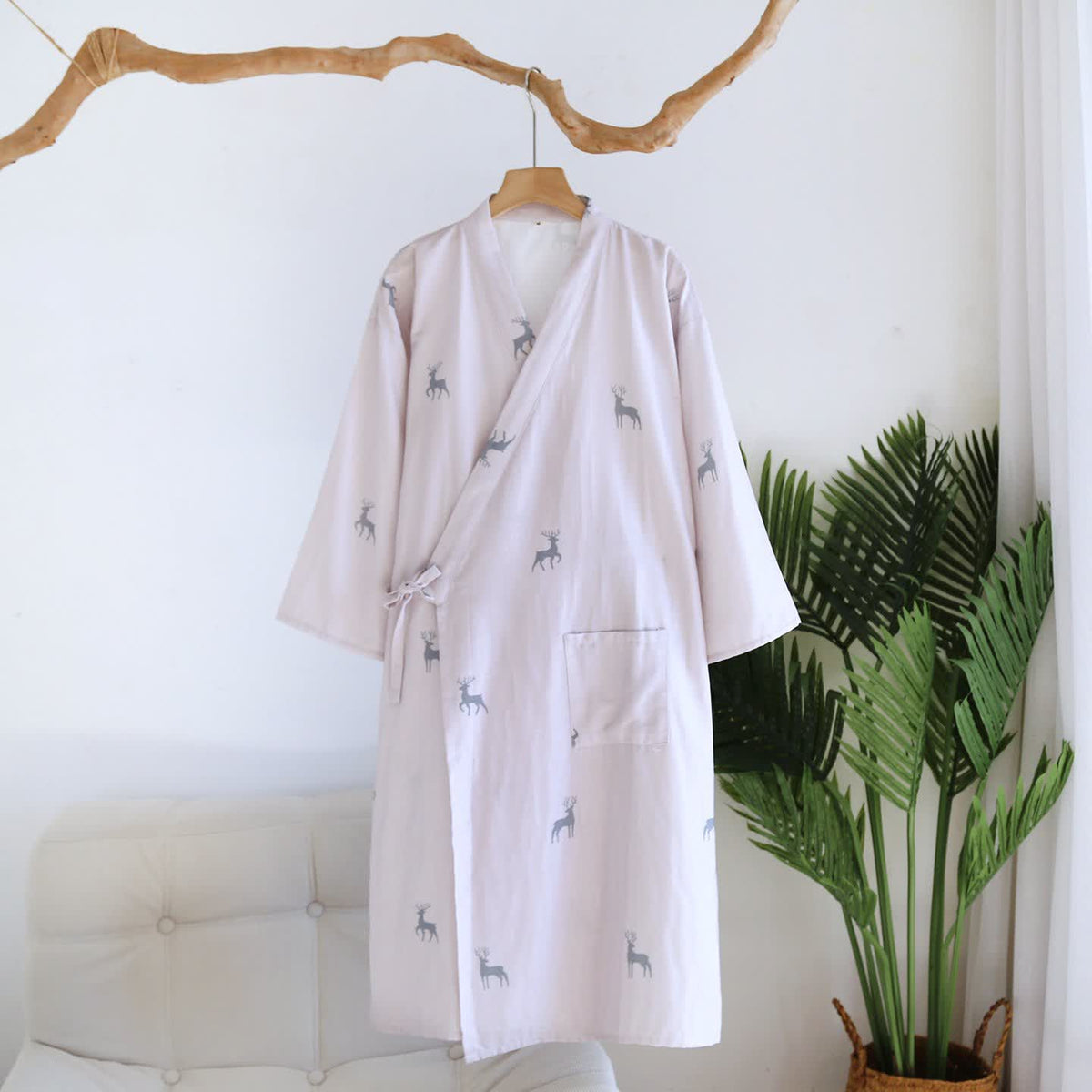 Kimono-Bademantel aus Baumwollgaze mit Hirschmotiv für Paare - Hellrosa - L - image 1