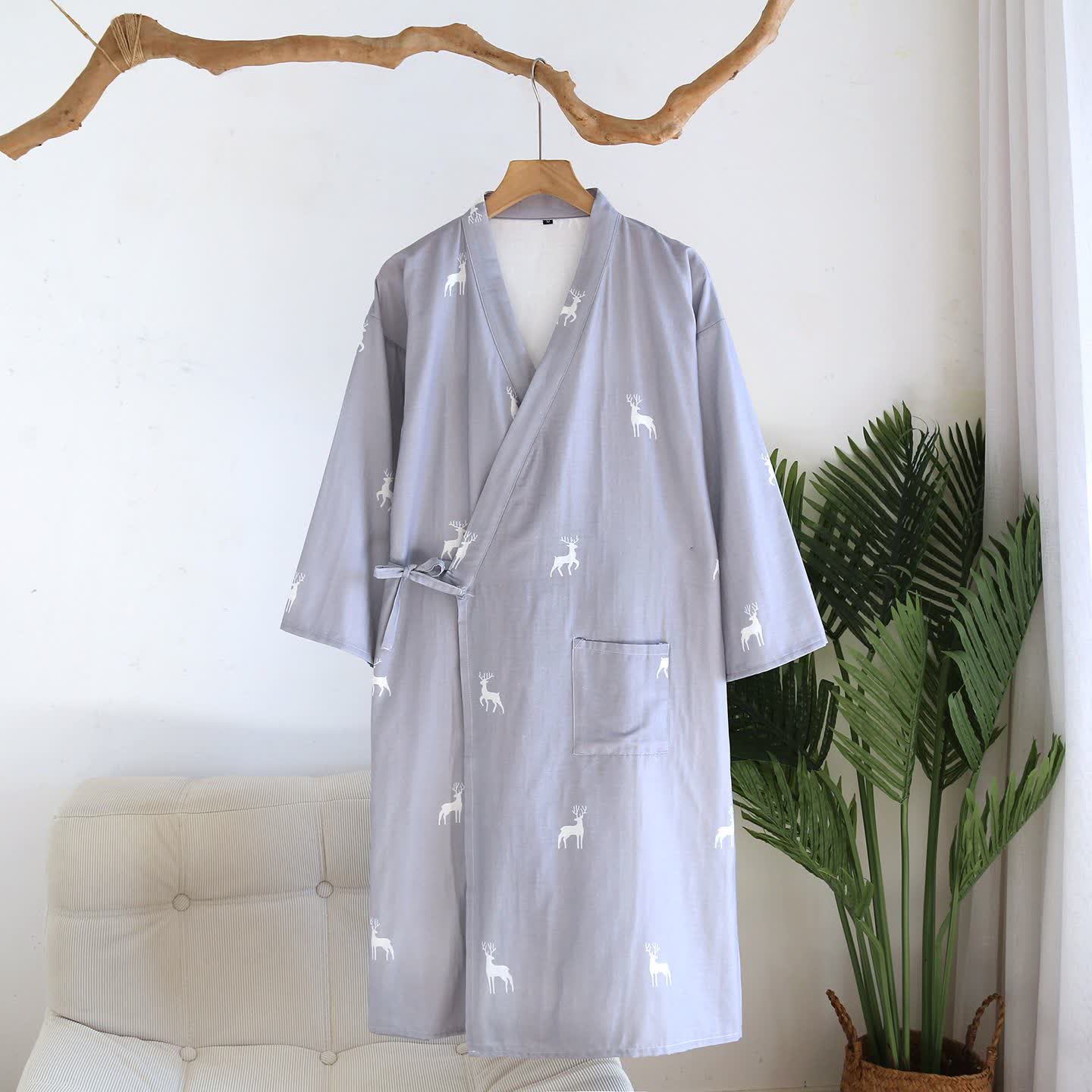 Kimono-Bademantel aus Baumwollgaze mit Hirschmotiv für Paare - Blau - L - image 11