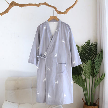 Kimono-Bademantel aus Baumwollgaze mit Hirschmotiv für Paare - Blau - L - image 11