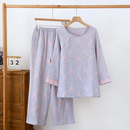 Pyjama-Set aus Baumwolle im Vintage-Stil mit dezentem Blumenmuster - Blau - XL - image 1
