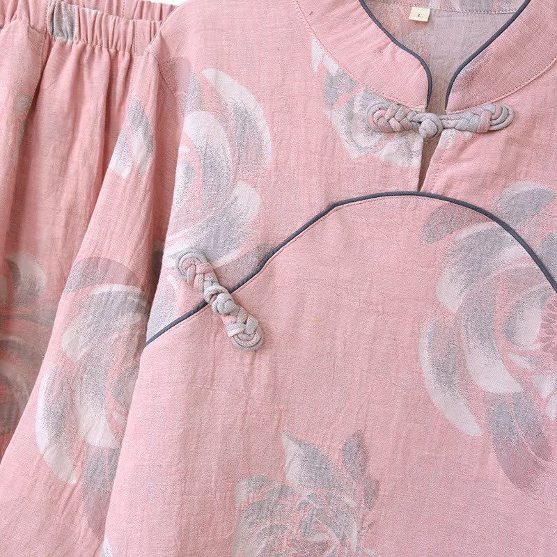 Baumwoll-Pyjama-Set mit Pfingstrosenmuster und Stehkragen - image 3
