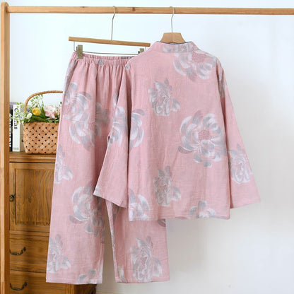 Baumwoll-Pyjama-Set mit Pfingstrosenmuster und Stehkragen - image 1