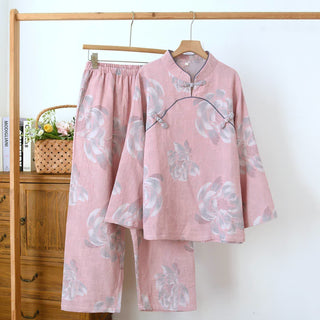 Baumwoll-Pyjama-Set mit Pfingstrosenmuster und Stehkragen - Rosa - XXL - image 0