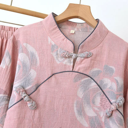 Baumwoll-Pyjama-Set mit Pfingstrosenmuster und Stehkragen - image 2