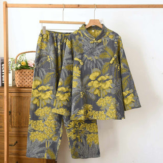 Baumwoll-Pyjama-Set mit botanischem Mandarinkragen - Grau - XXL - image 0