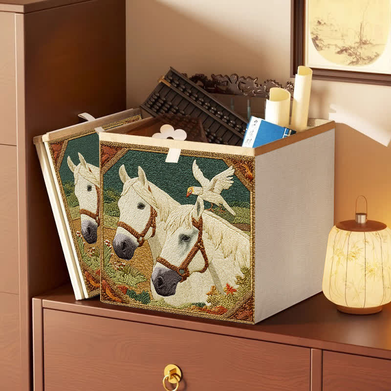 Faltbare Aufbewahrungstasche im Vintage-Stil mit Pferde- und Vogelmotiv - Grün - 33cm × 33cm × 38cm - image 0