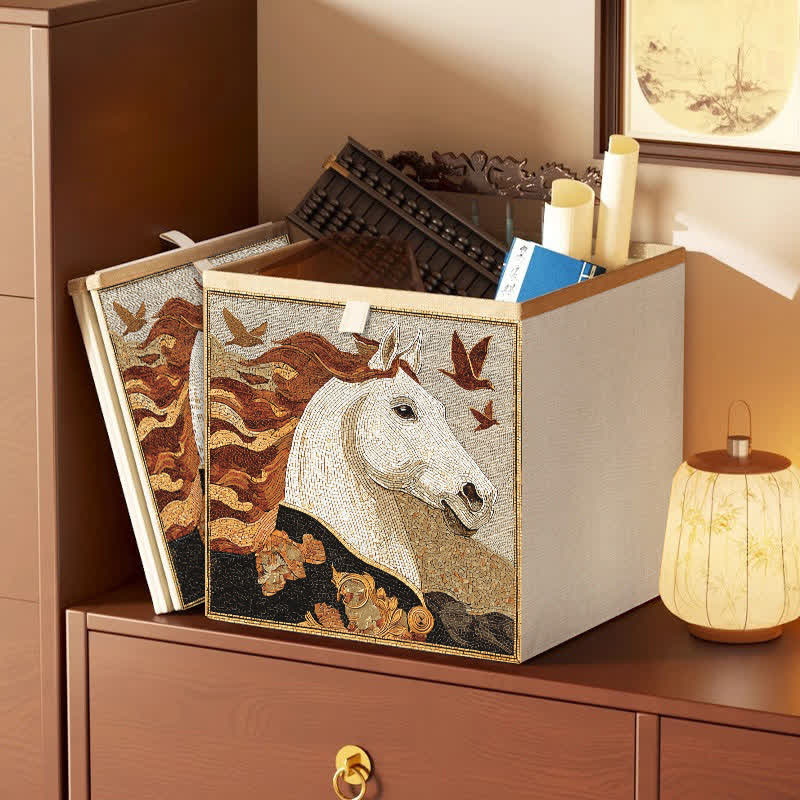 Aufbewahrungskorb aus Stoff im Retro-Stil mit Pferd und Vogelmotiv - Khaki - 33cm × 33cm × 38cm - image 0