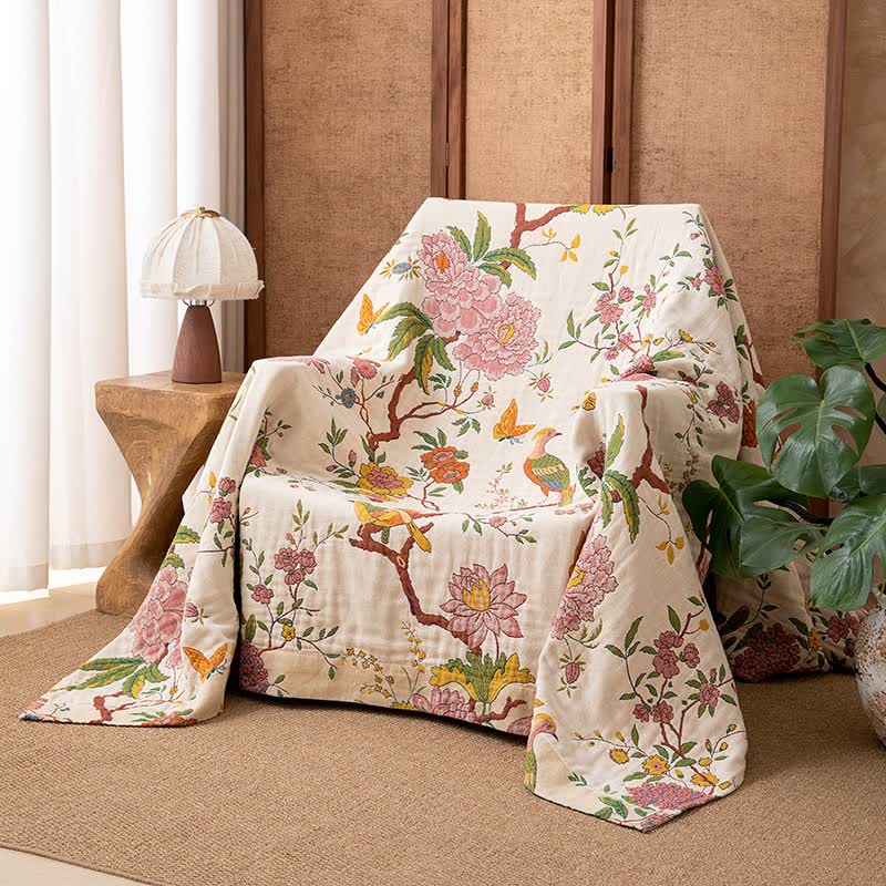Landhaus-Baumwollgaze-Decke mit Blumenmuster und Vogelmotiven - 230cm x 250cm - image 0