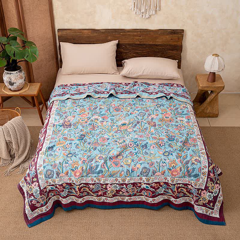 Blaue Steppdecke aus Baumwollgaze mit Blumenmuster - 200cm x 230cm - image 0