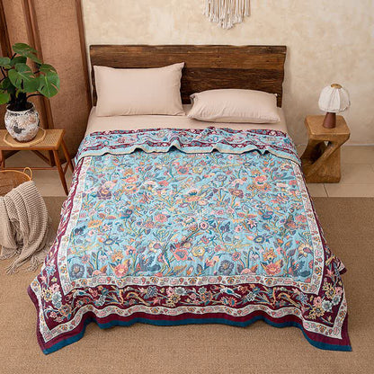 Blaue Steppdecke aus Baumwollgaze mit Blumenmuster - 200cm x 230cm - image 0