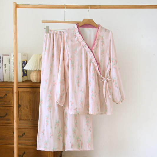 Rosa Pyjama-Set aus Bambusfaser mit Blumenmuster - XL - image 0