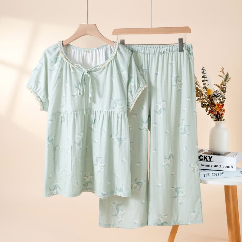 Pyjama-Set aus Baumwollgaze mit Glockenblumenmuster - Grün - XL - image 2