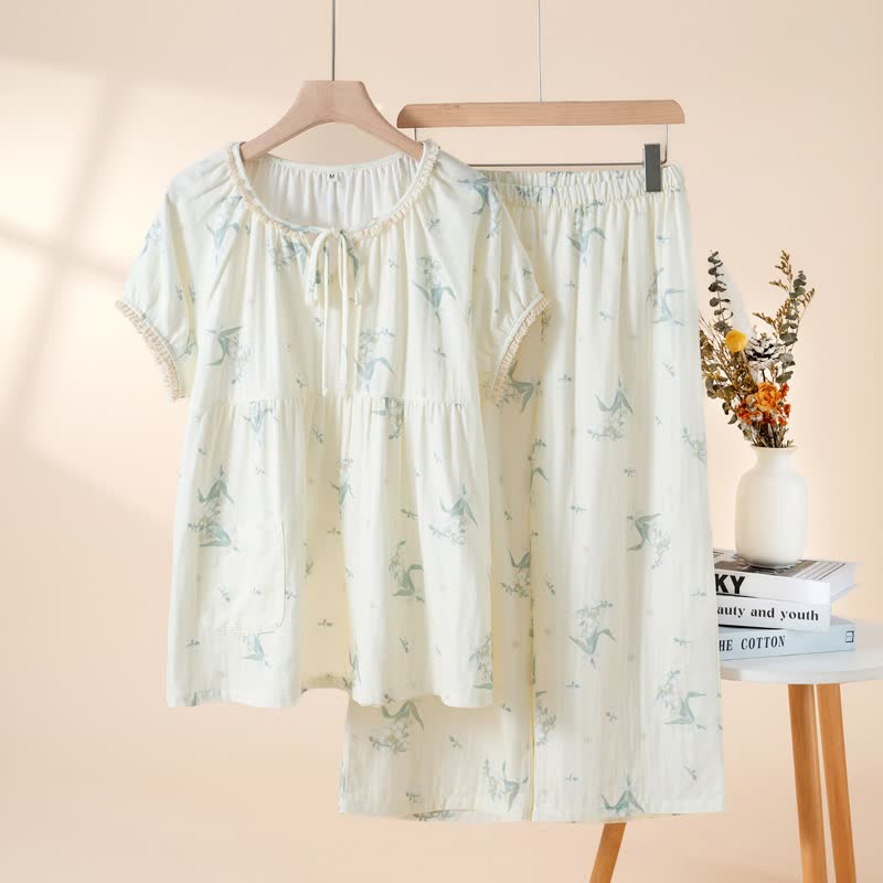 Pyjama-Set aus Baumwollgaze mit Glockenblumenmuster - Beige - XL - image 3