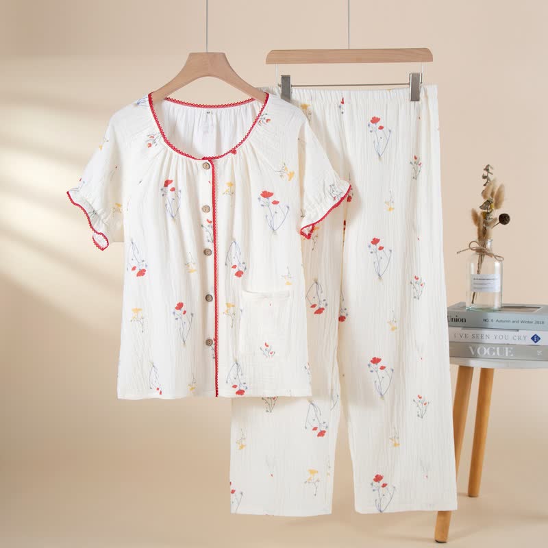 Pyjama-Set aus Baumwollgaze mit Landhausmuster - Beige - XL - image 0