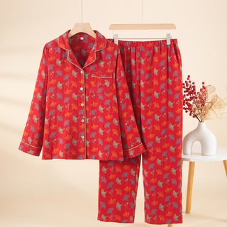 Pyjama-Set aus Baumwollgaze mit Ginkgoblatt - Rot - L - image 0