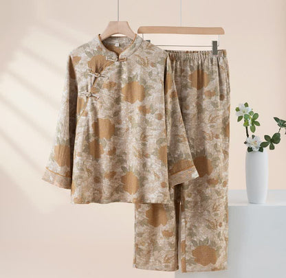 Vintage-Pyjama-Set aus Baumwolle mit Blumenmuster und Stehkragen - Kamel - XL - image 2